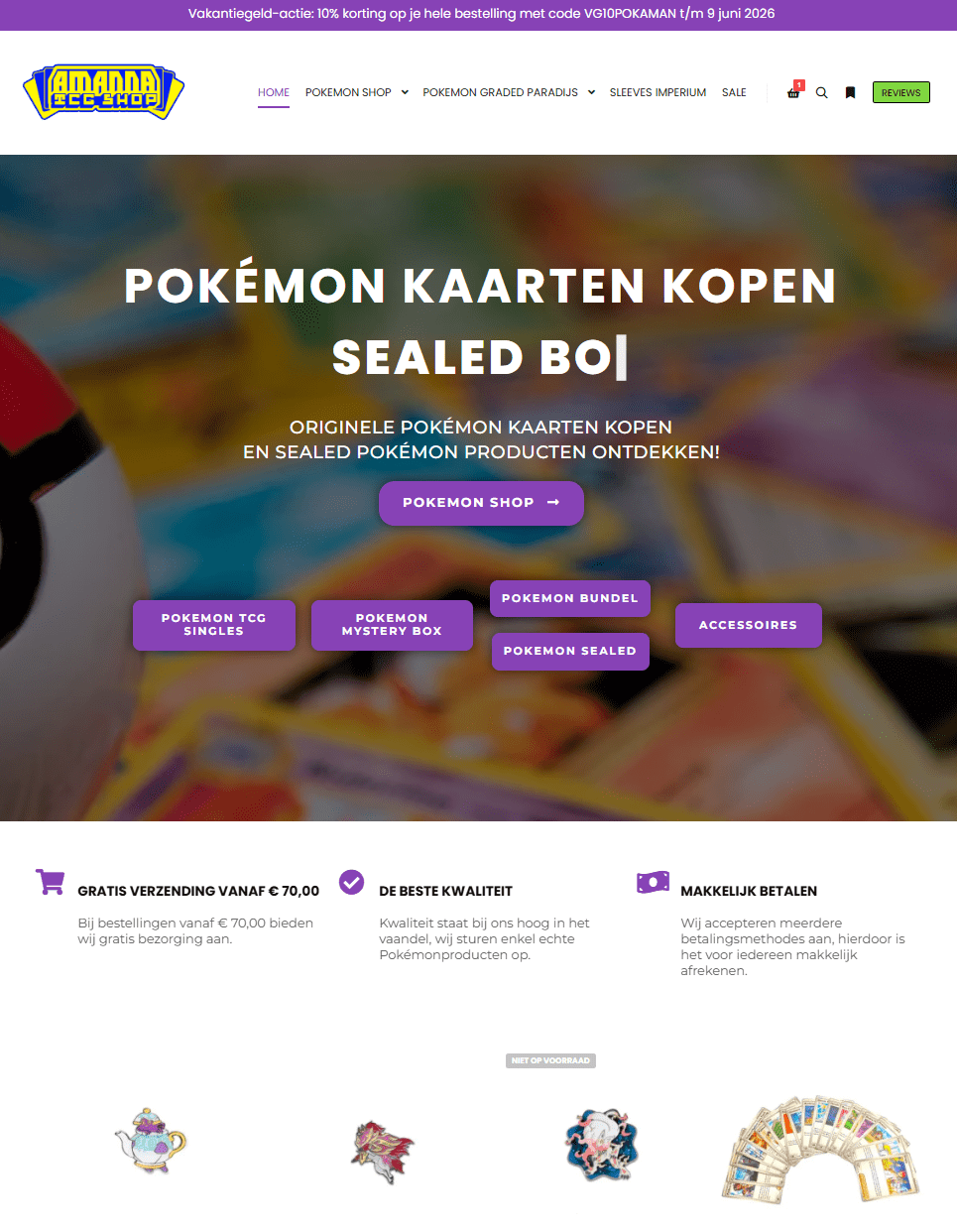 Screenshot van de website van Amanda TCG Shop, de Pokémon-webshop uit dit succesverhaal