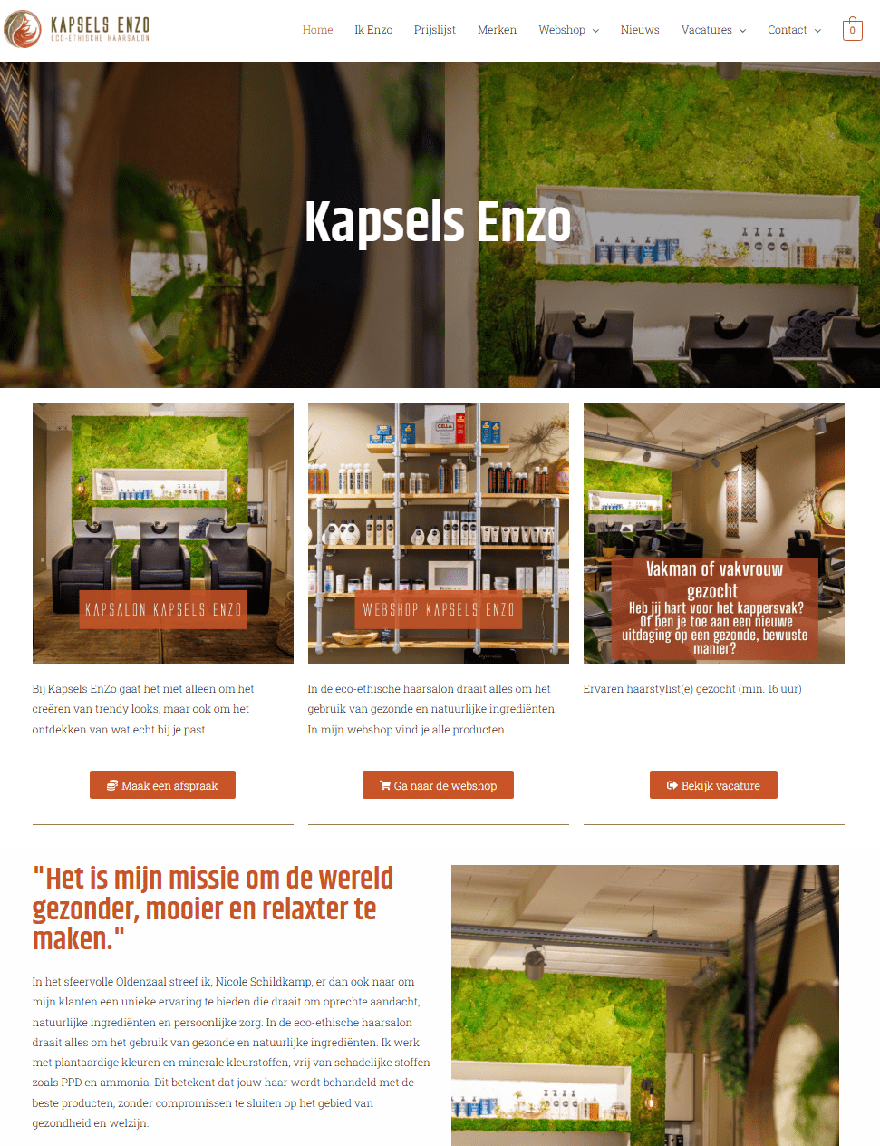 Website van Kapsels Enzo, de kapsalon uit dit succesverhaal, met het eco-ethische verhaal op de homepage