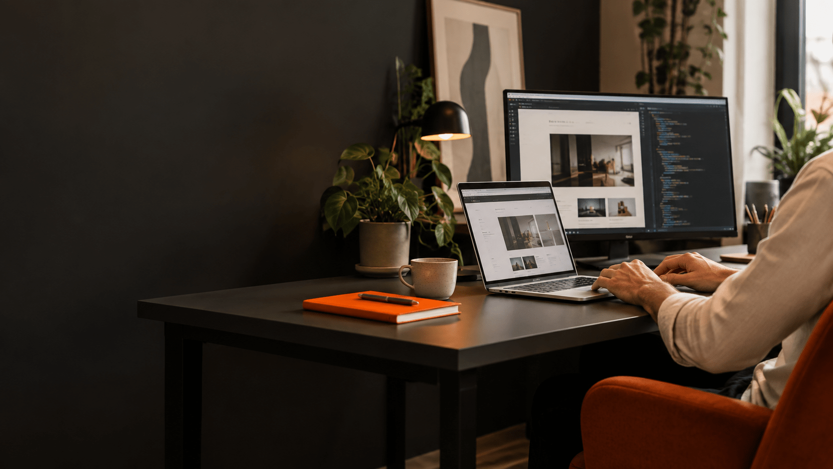 Freelancer werkt aan een WordPress-website op laptop en monitor met code-editor